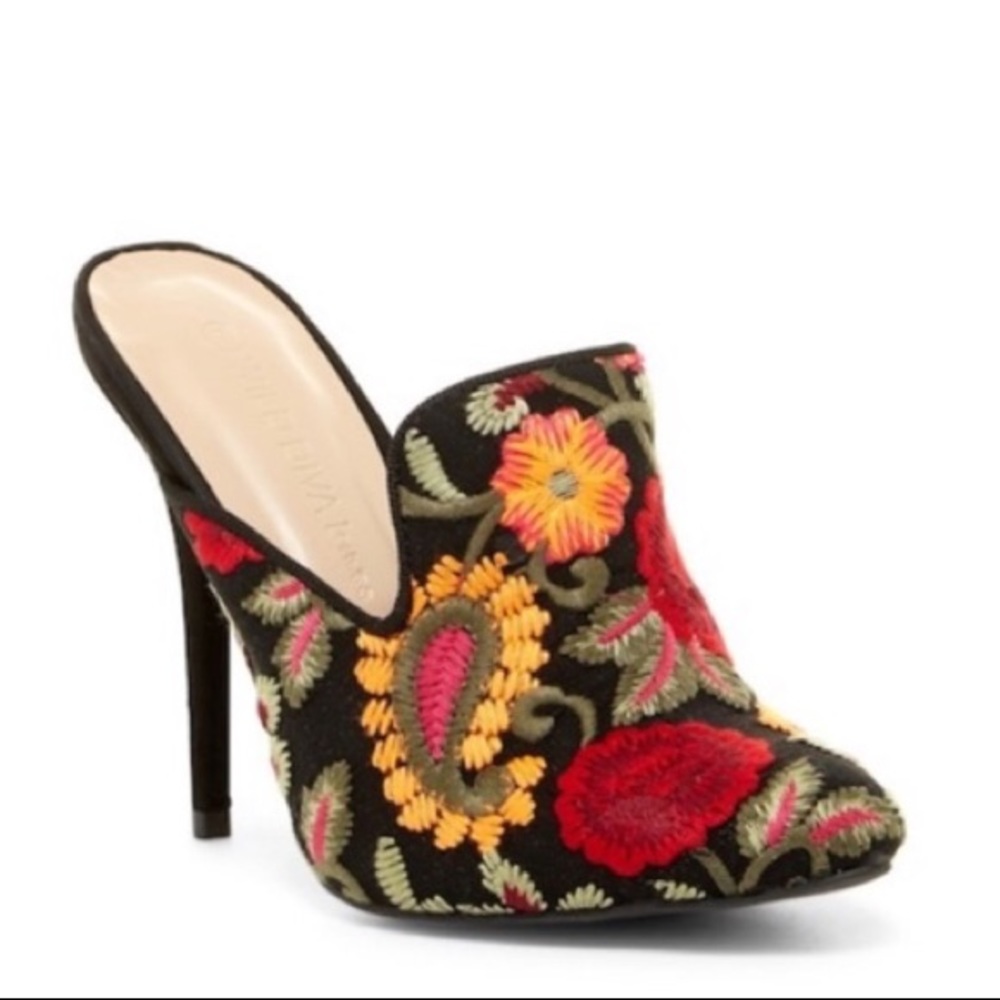 Wild diva lounge embroidered mule heels